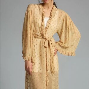 Anthropologie Gold Ruffle Kimono Duster Elizabeth Gillett Metallic Robe